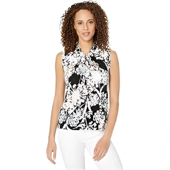 Tommy Hilfiger Womens Floral Print Knot Neck Knit Top Black Multi - Picture 1 of 11